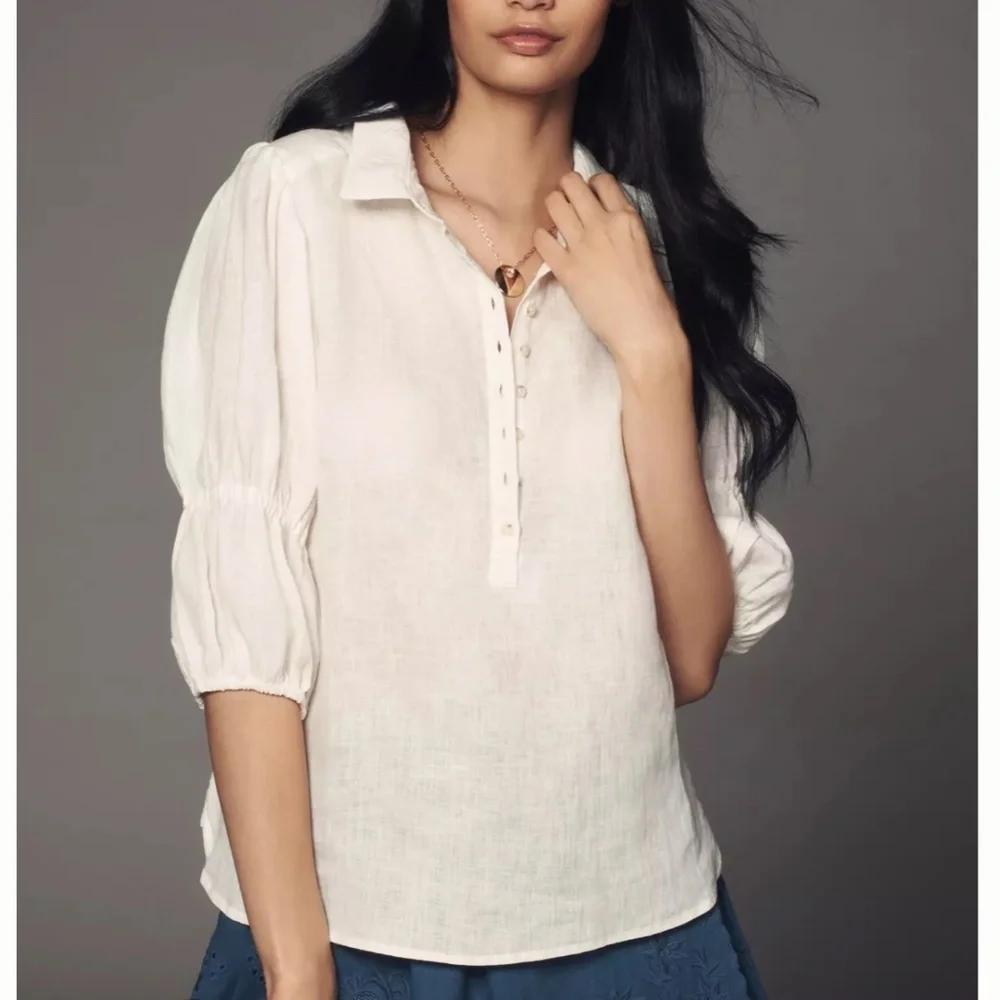 Pilcro by Anthropologie The Tallulah Linen Double Puff-Sleeve Blouse White Sz XS